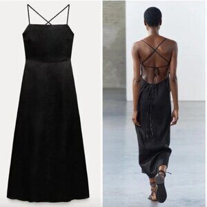 NWT ZARA ZW COLLECTION 100% LINEN MIDI DRESS BLACK